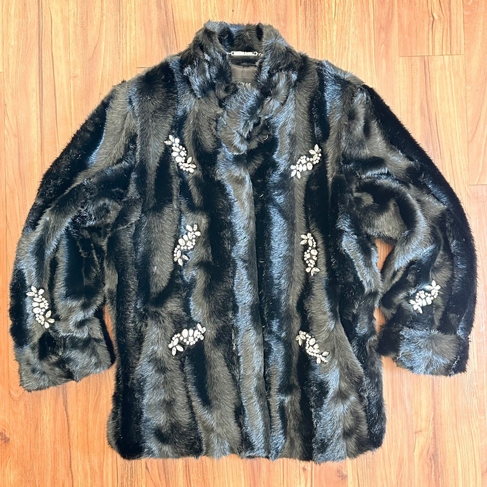 Dennis Basso Black Faux Fur Rhinestone Embellished Coat Glamorous Luxury Hippie